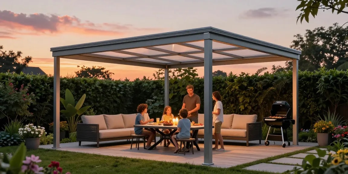 Moderne Terrassenüberdachung freistehend, die eine Familie beim Grillen im Garten schützt.