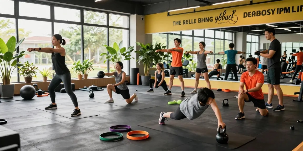 Aktives Trainingsszenario im Unique Pharma Shop mit motivierten Athleten beim Fitness und Wellness.