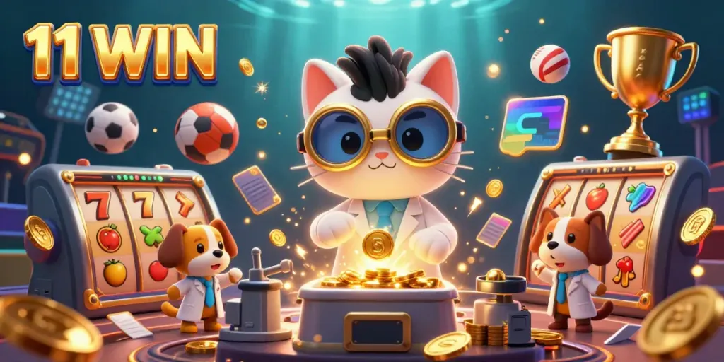 11 WIN sparks excitement with a cartoon scientist cat and dog amidst a colorful casino scene.