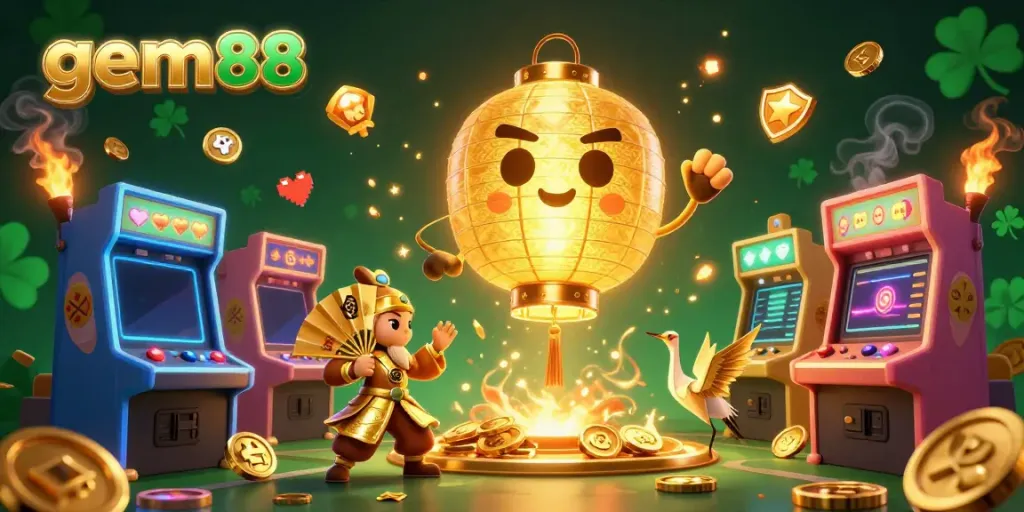 Experience the magic of gem88 with a glowing golden lantern spirit and vibrant arcade gaming atmosphere.