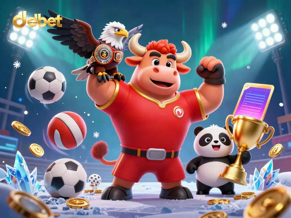 Engage with debet's thrilling sports betting scene featuring a joyful bull mascot and companions.