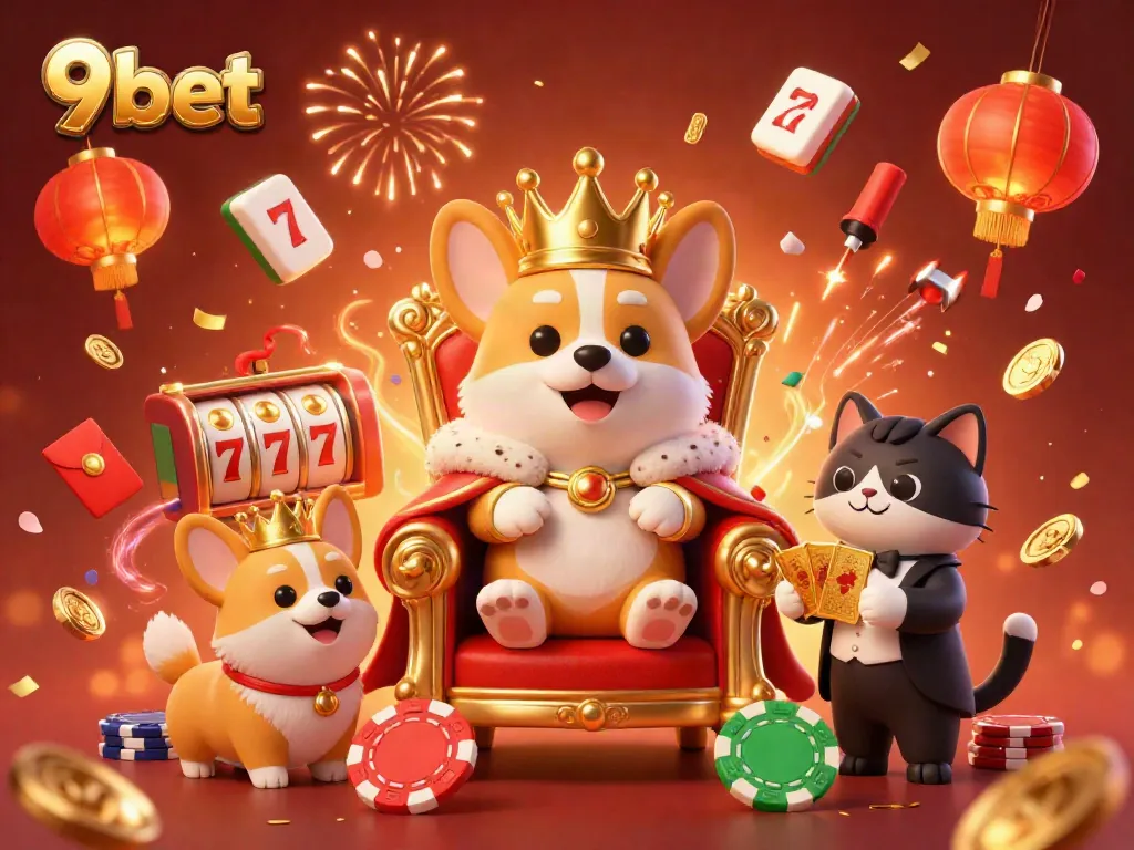 Play and win with 9bet in this vibrant casino themed 3D illustration featuring a royal corgi.