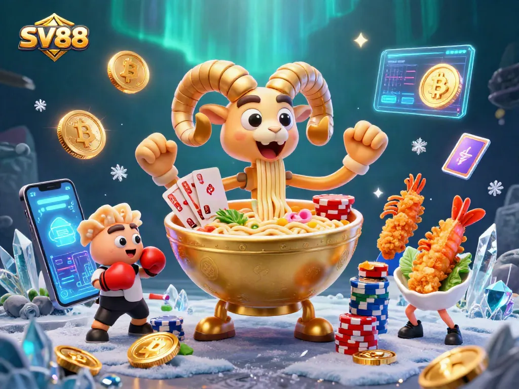 SV88 offers a vibrant scene with a golden ramen bowl, crypto coins, and dynamic casino elements.