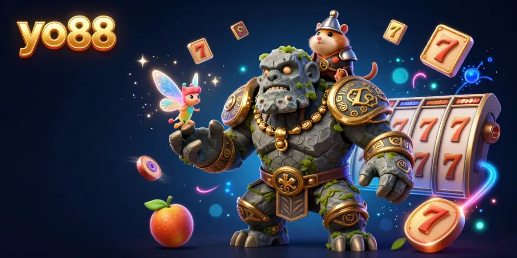Engage with yo 88 in a vibrant, interactive casino atmosphere featuring dynamic game elements and characters.