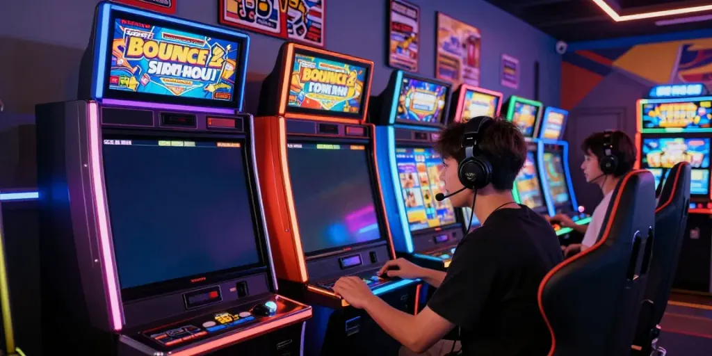 Player enjoying GGSOFT slot game in vibrant arcade with LED lighting and gaming accessories.