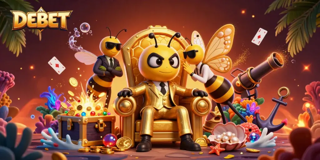 Engage with the vibrant DEBET casino scene featuring animated characters, gold coins, and colorful gaming elements.