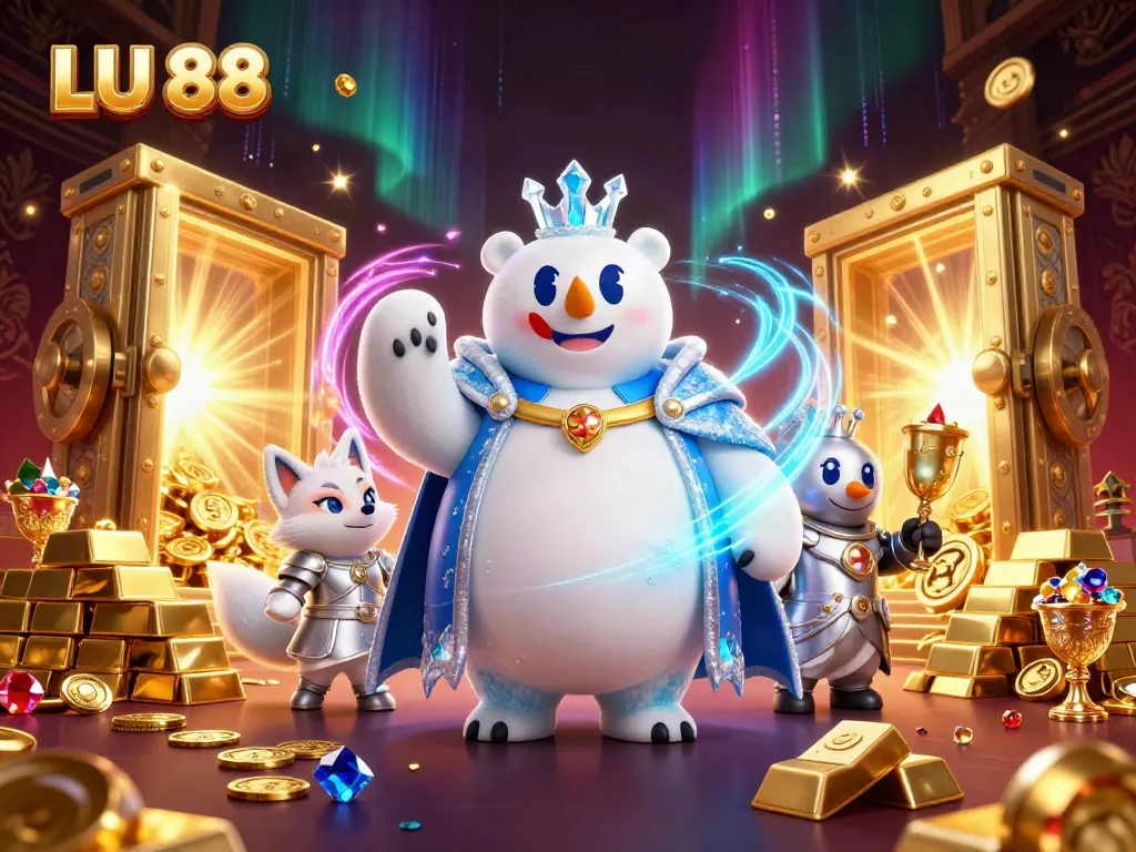 LU 88 showcases a vibrant 3D scene with a polar bear and fox amidst a treasure-filled casino adventure.