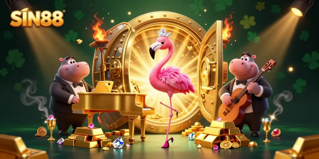 SIN88 showcases a thrilling casino scene with a flamboyant flamingo pianist and hippo bassist amidst gold treasures and dynamic lighting.