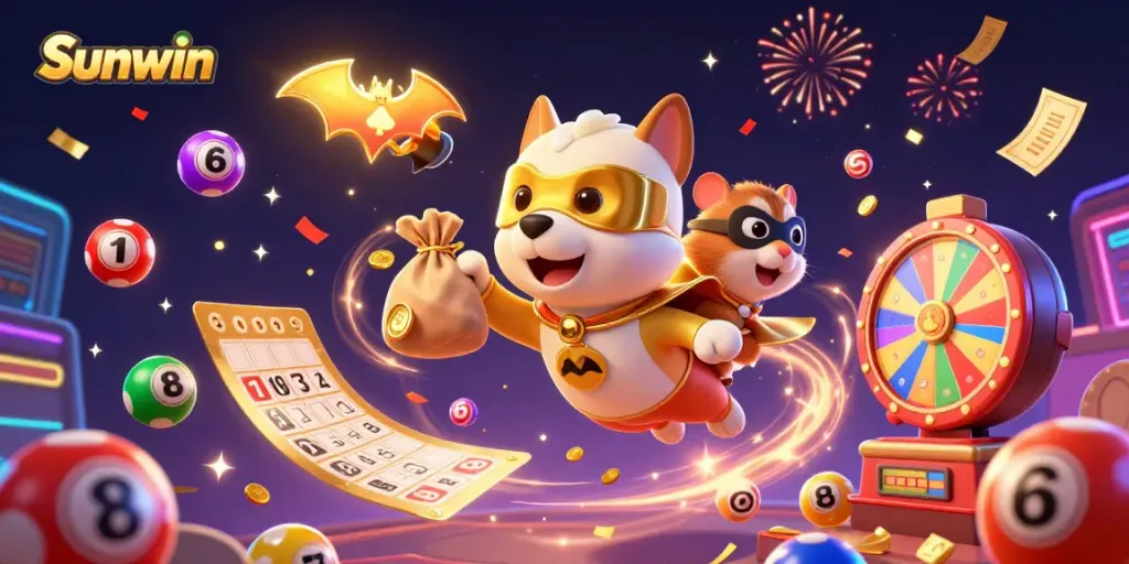 Experience thrilling excitement at Sunwin with a flying superhero dog and vibrant casino elements in a dynamic scene.