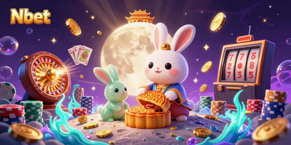 Experience the vibrant Nbet casino magic with a moon rabbit character, golden coins, and rich casino elements!