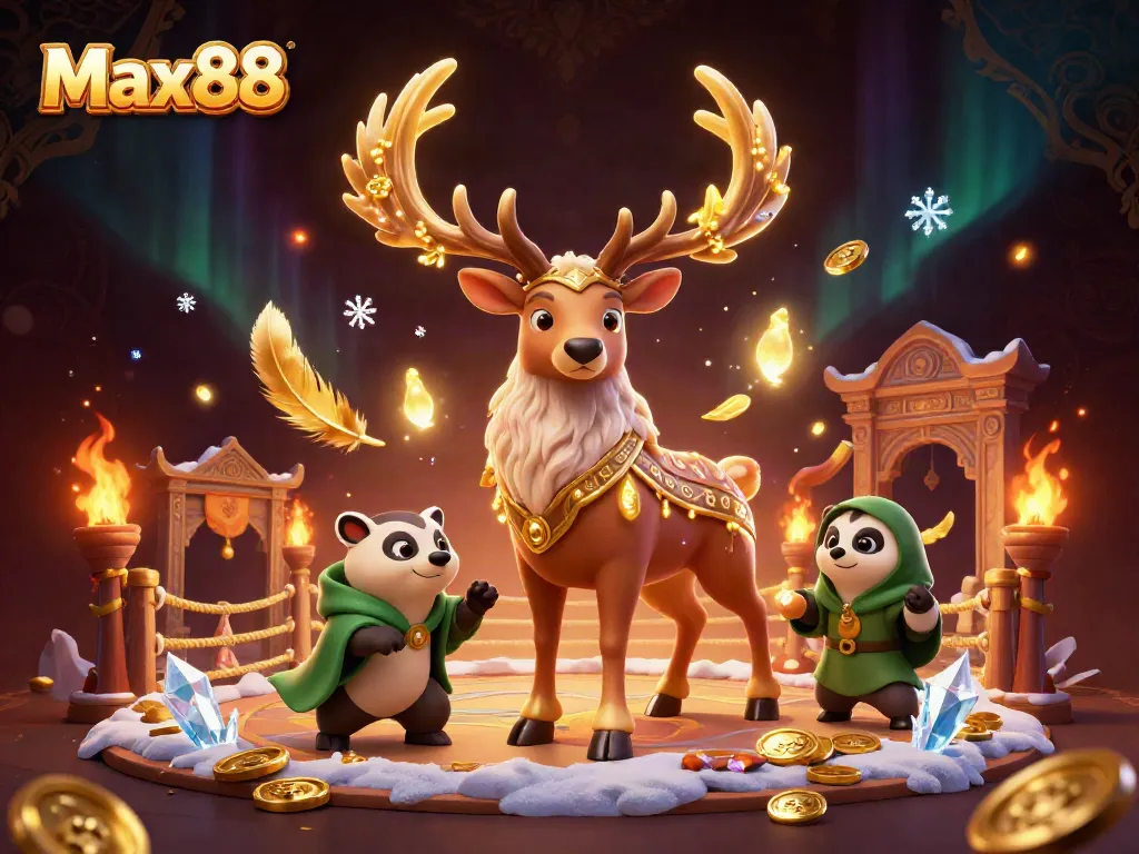 Experience exciting gaming at Max88 with a vibrant 3D scene featuring mystical characters and dynamic casino elements.