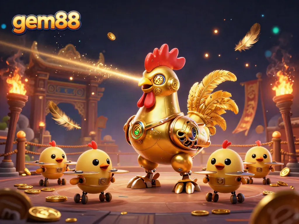 Engage with gem88's thrilling gaming experience, as a golden rooster robot illuminates the arena with baby chick drones.