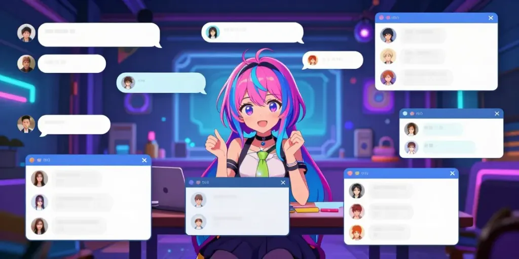 Engaging hentai chat scene featuring an anime character in a vibrant virtual environment.