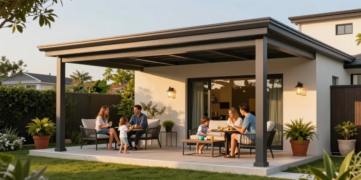 Moderne Terrassenüberdachungen für stilvolles Wohnen im Freien mit Familie und Pflanzen.