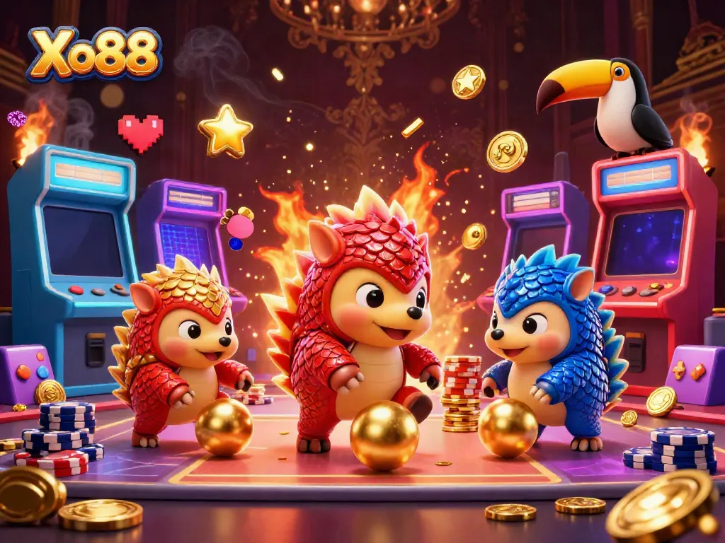 Experience exciting gameplay at Xo88 with colorful pangolins and vibrant casino elements.