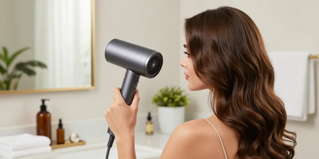 Hochgeschwindigkeits-Haartrockner Test: Frau im modernen Badezimmer, elegante Haarpflege-Routine.