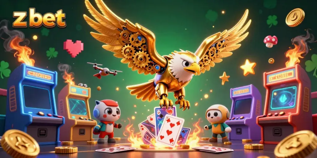 Engage with z bet's exciting world through vibrant 3D gambling arcade illustrating thematic gaming elements.