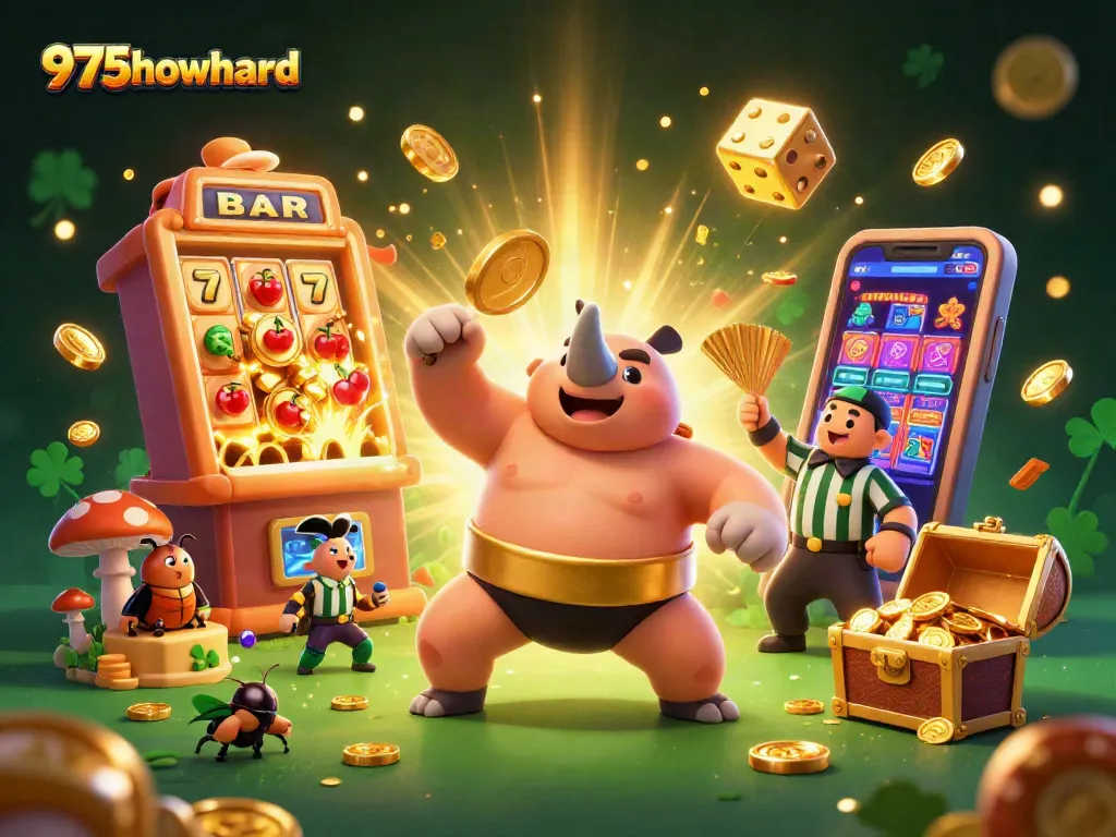 Immerse in the excitement of 975howard as the rhinoceros beetle champion stomps, unleashing golden coins in a vibrant casino scene.