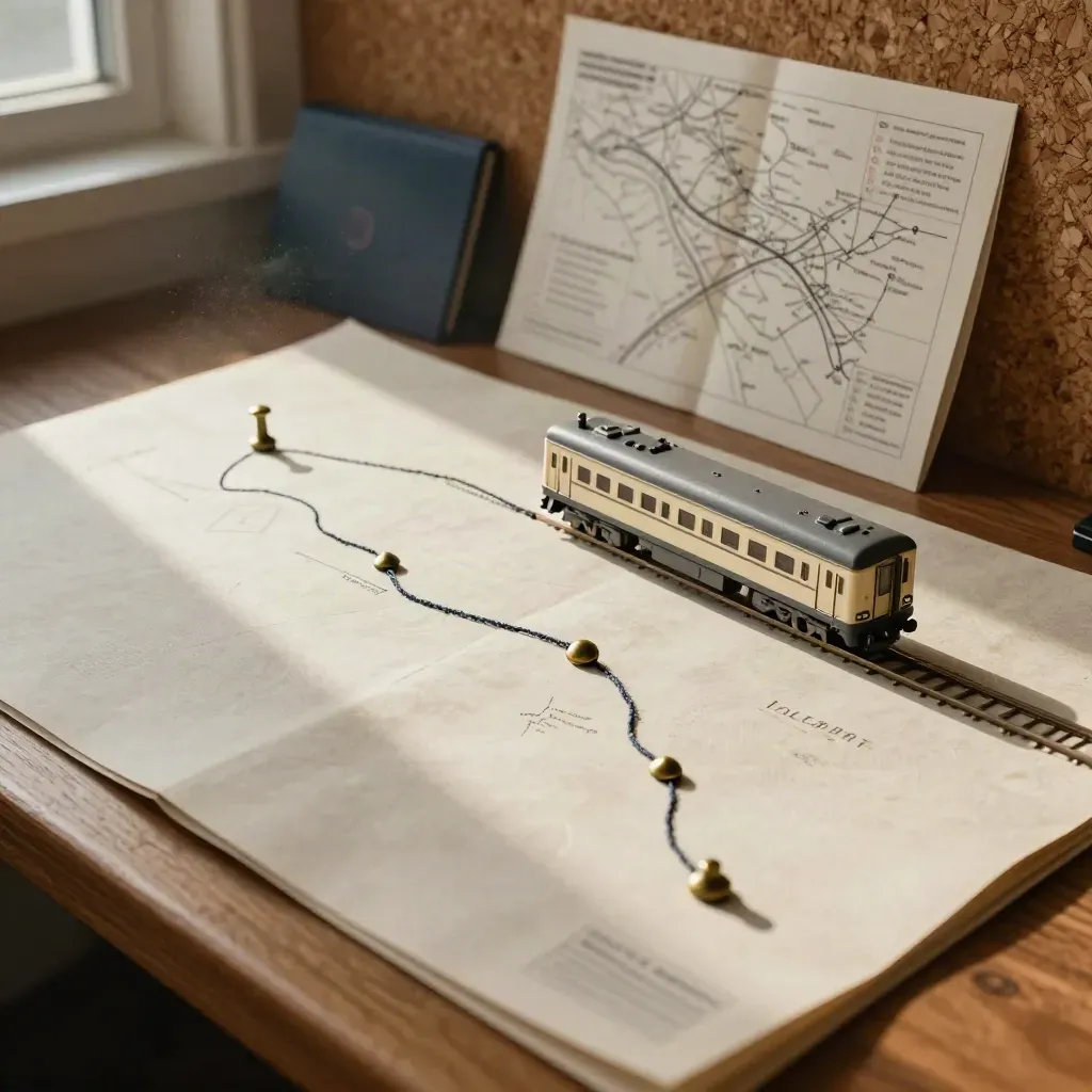 Routenplanungs-Set mit Faden, Pins, Zugmodell und Kartenhüllen an einer Korkwand
