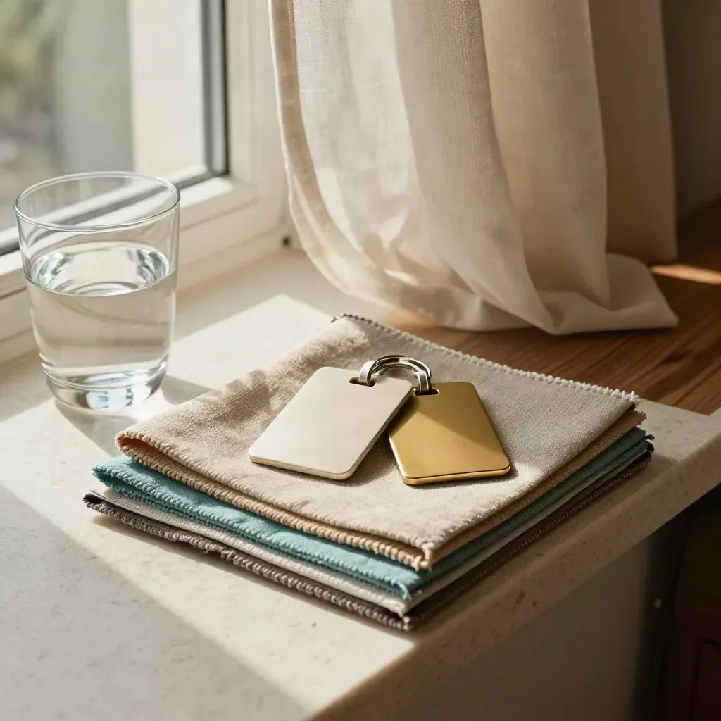 Schlüsselkarten, Stoffproben und Wasserglas auf Travertin im warmen Hotelzimmerlicht.
