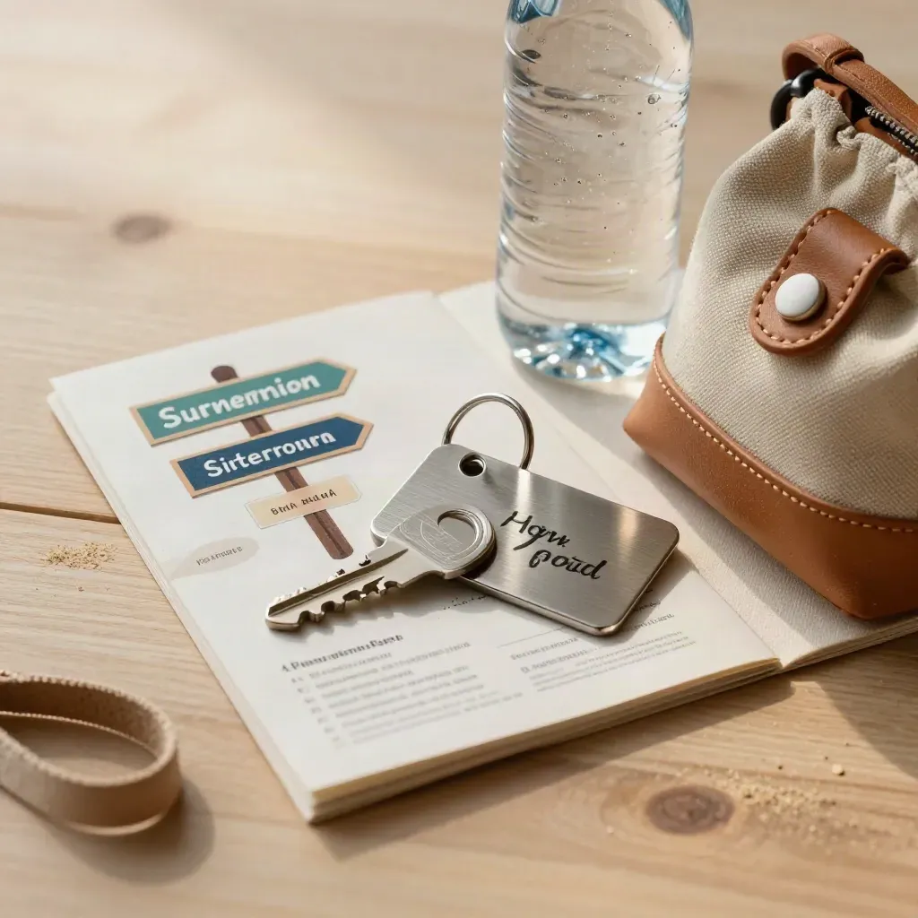 City-Weekend-Set mit Karte, Wegmarkern, Schlüsselkarte, Flasche und Tasche auf hellem Holz.