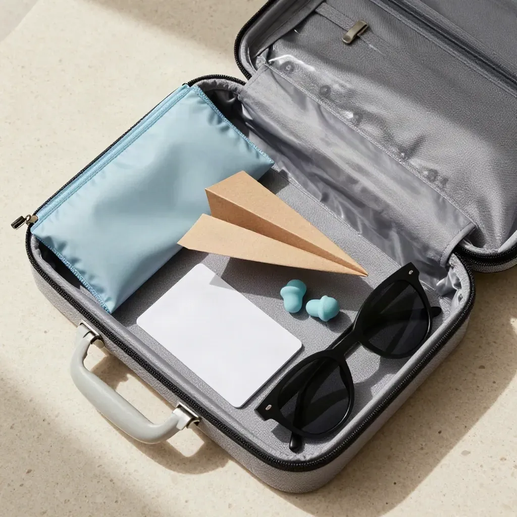 Offenes Reisecase mit Reiseutensilien, Papierflugzeug und kühlem Licht von oben.