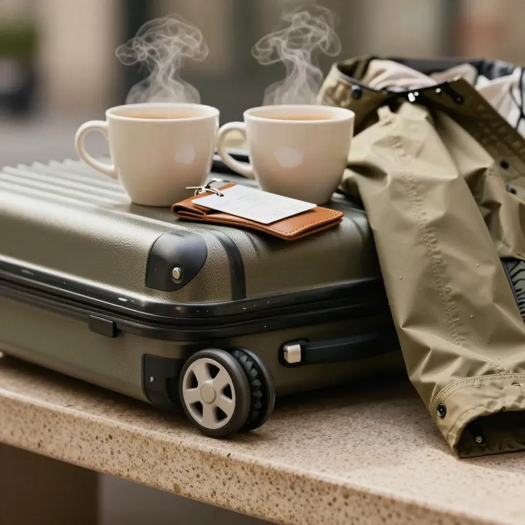 Städtetrip-Set mit Rollkoffer, Kaffeetassen, Schlüsselkarte und gefalteter Regenjacke.