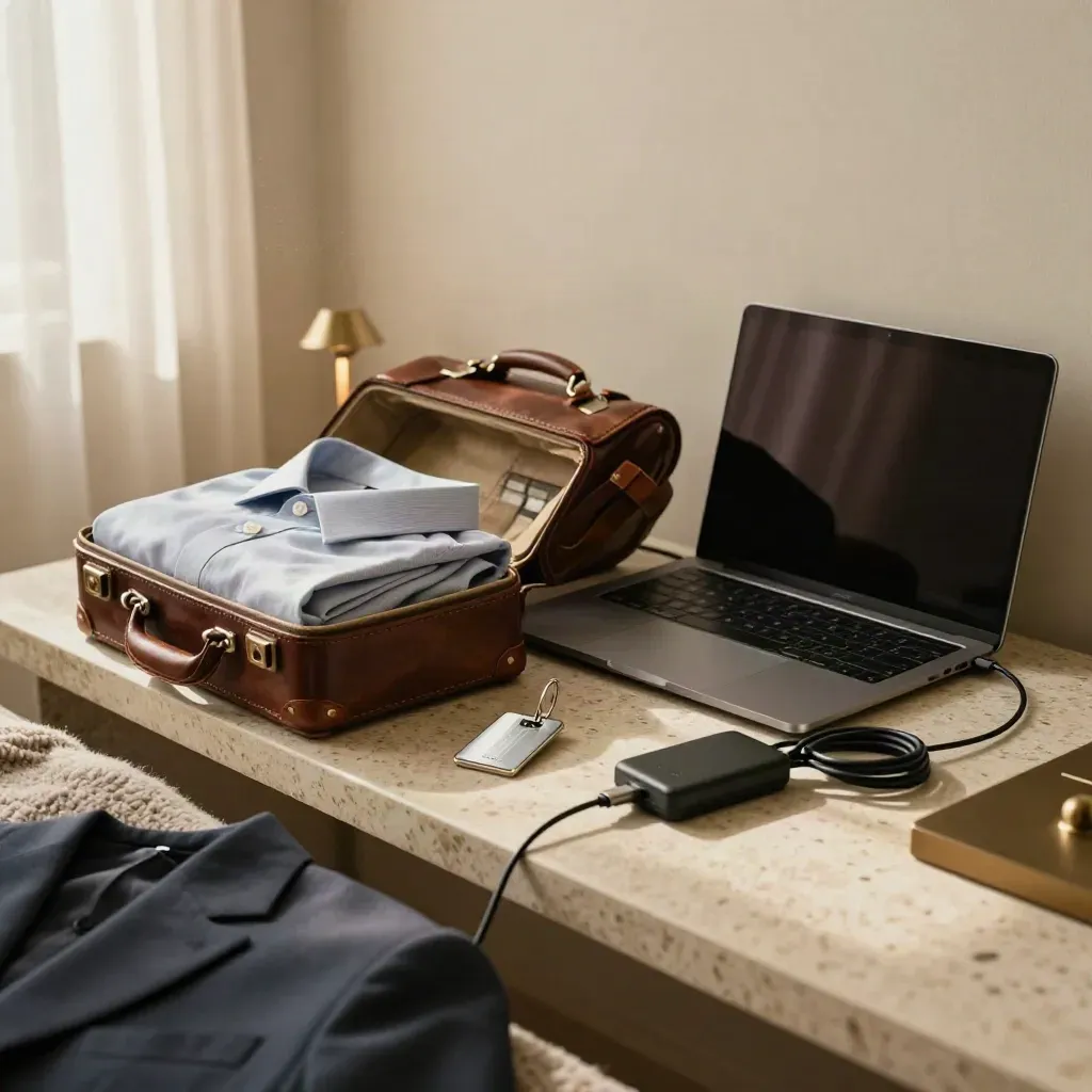 Geordnetes Business-Reise-Setup im Hotelzimmer mit Laptop, Hemdenhülle und Schlüsselkarte