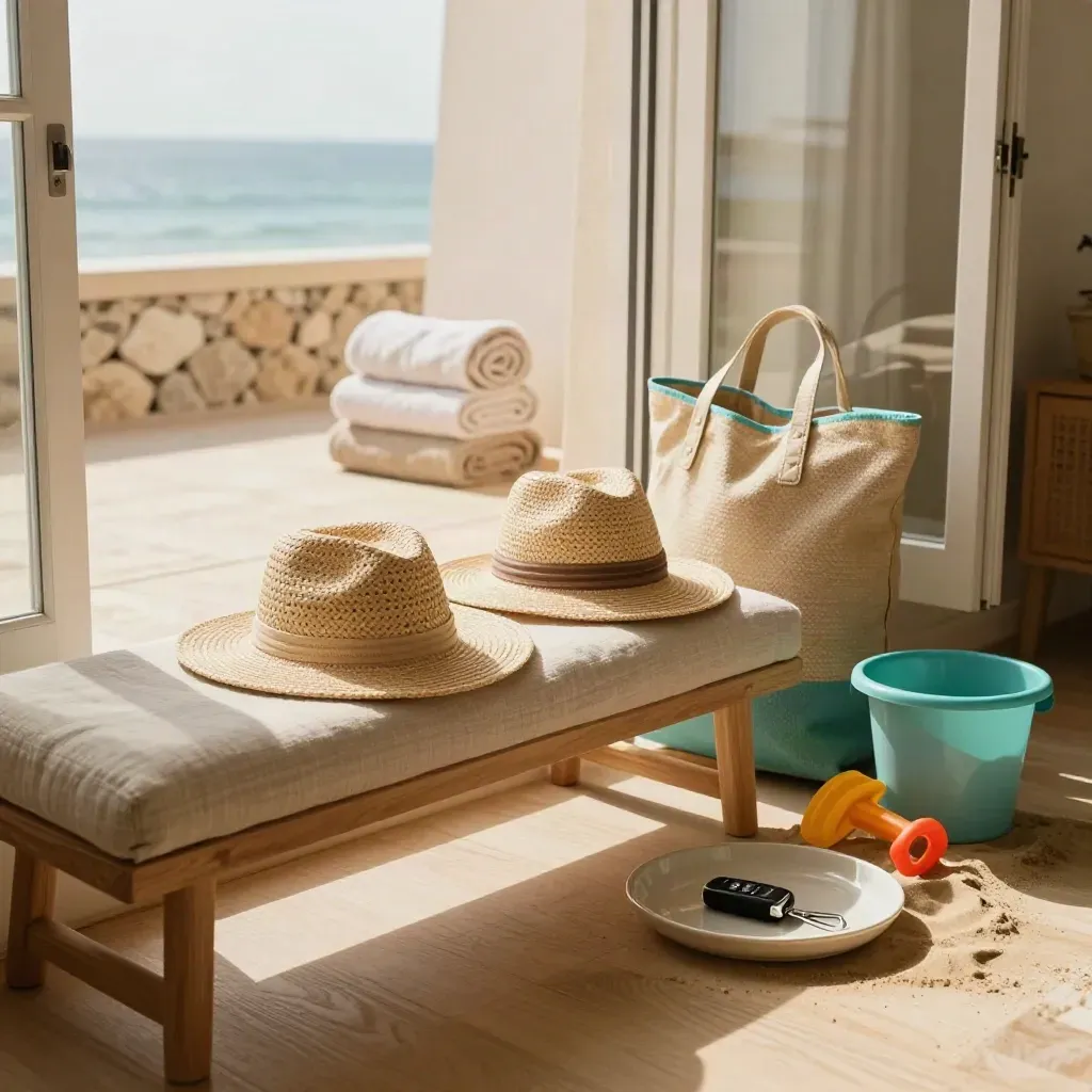 Sonniges Familienapartment am Meer mit Strohhüten, Strandtasche, Sandspielzeug und Kofferautoschlüssel.