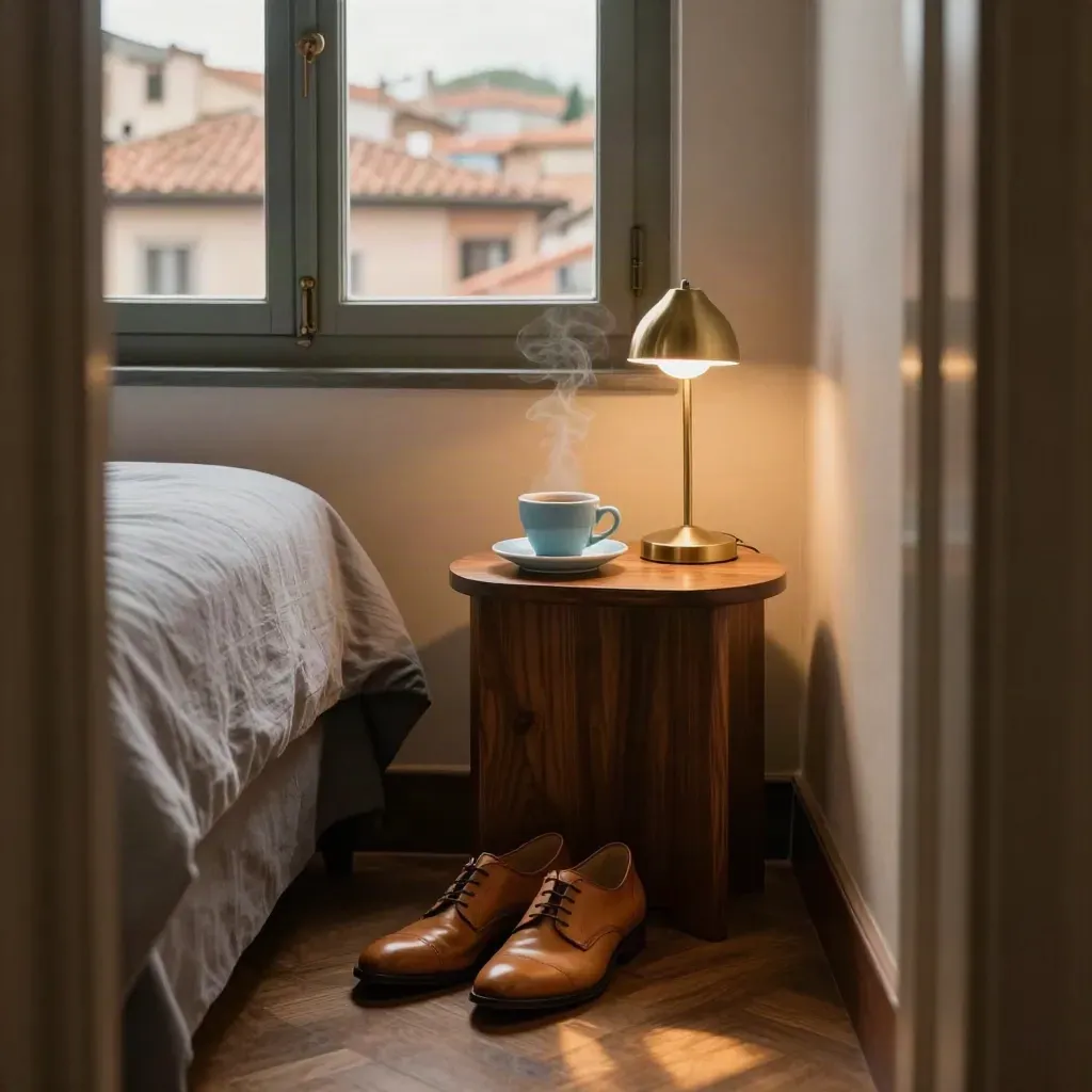 Kompaktes Stadthotelzimmer mit Schuhen, Espresso und Blick auf warme Dächer