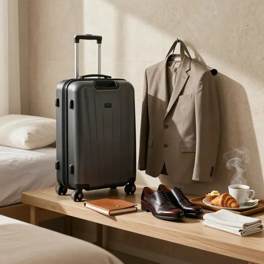 Business-Hotelzimmer mit Koffer, Anzugbeutel, Lederetui und Frühstückstablett im Morgenlicht