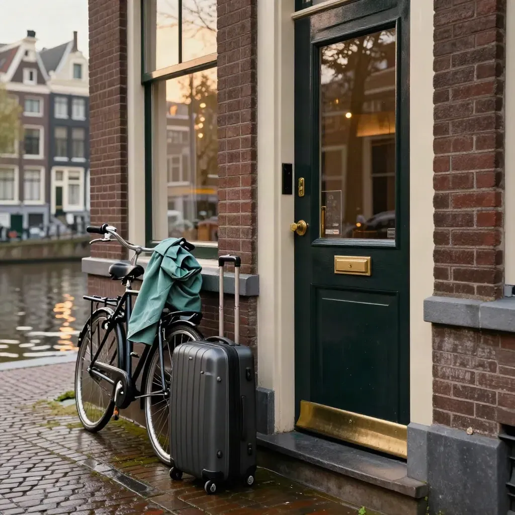 Kanalhotel mit Fahrrad, Regenjacke, Rollkoffer und spiegelndem Wasser in Amsterdam.