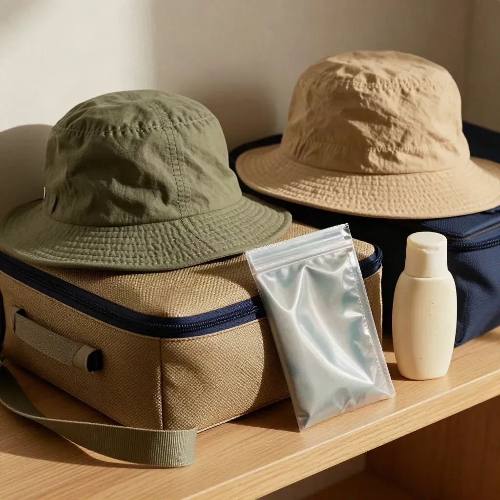Familienreise-Set mit Kinderhüten, Snackbox, Kartenhülle und Sonnencreme von oben