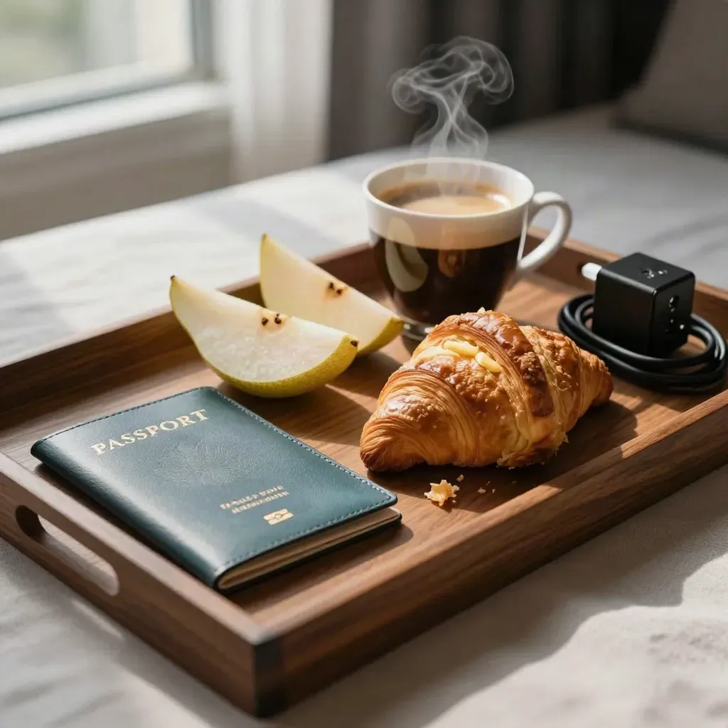 Business-Frühstück mit Espresso, Obst, Passhülle und Kabeln im Hotelzimmer.