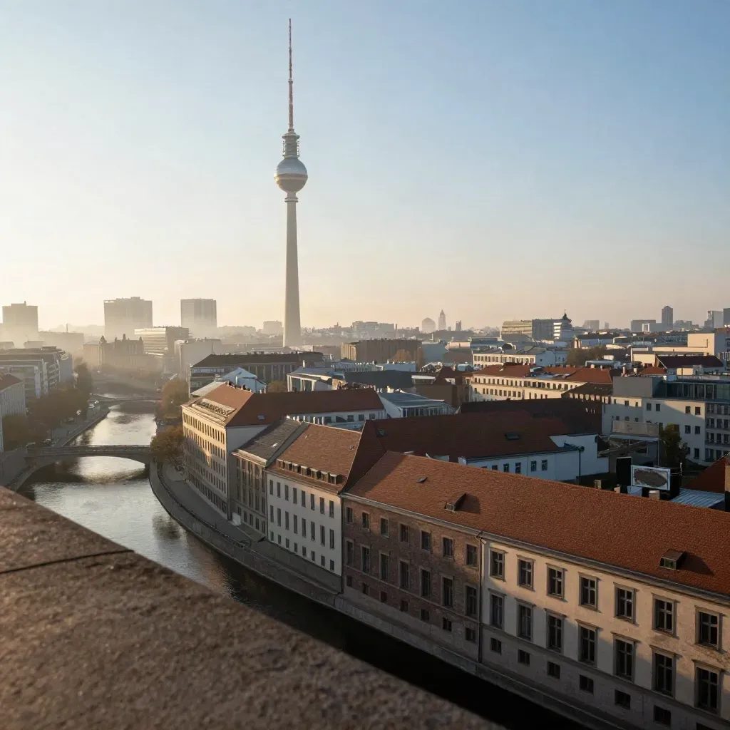 Berliner Skyline mit Fernsehturm, Spree und Backsteindächern im Morgennebel
