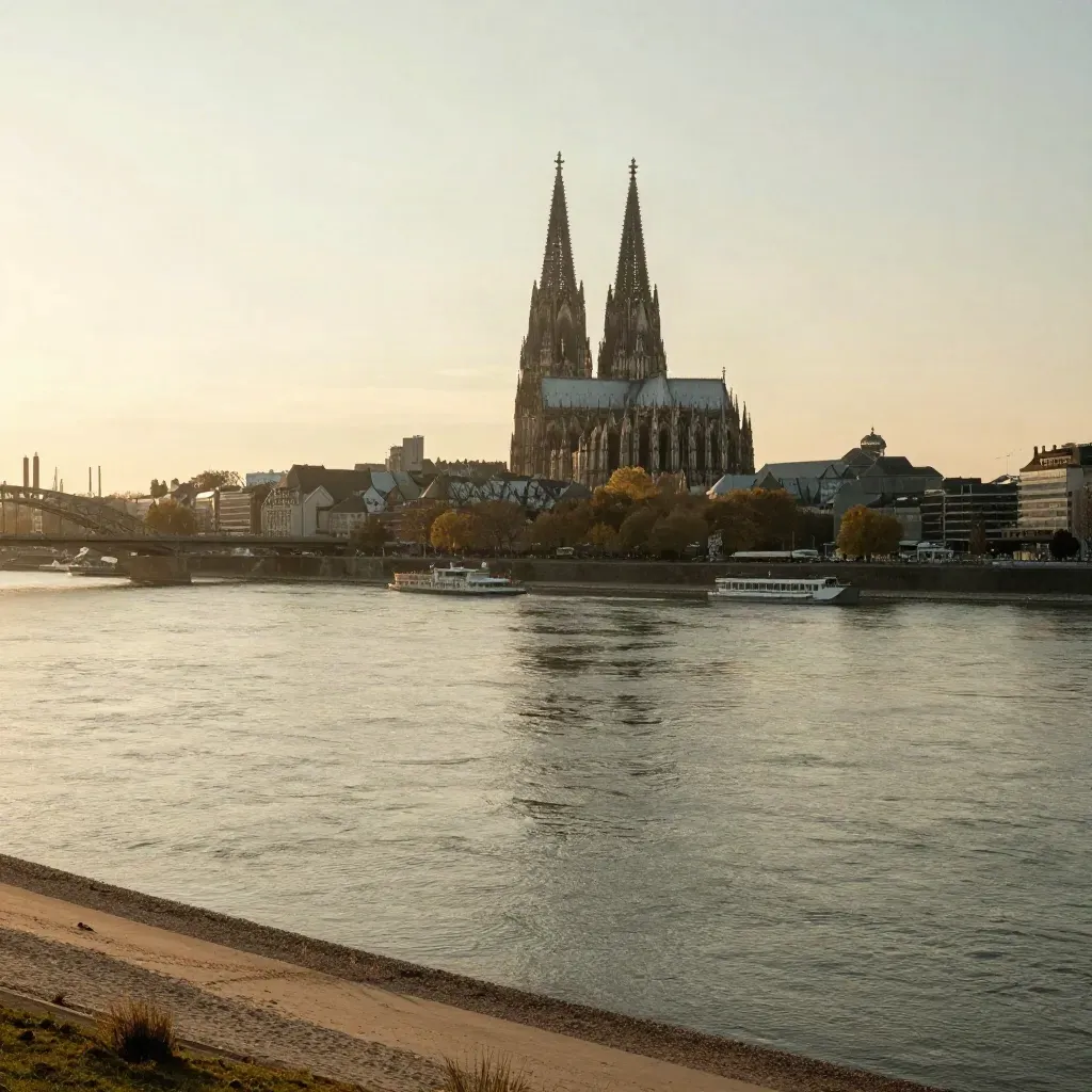 Kölner Dom über dem Rhein im goldenen Abendlicht, mit weiter Flussbiegung und ruhiger Dunststimmung