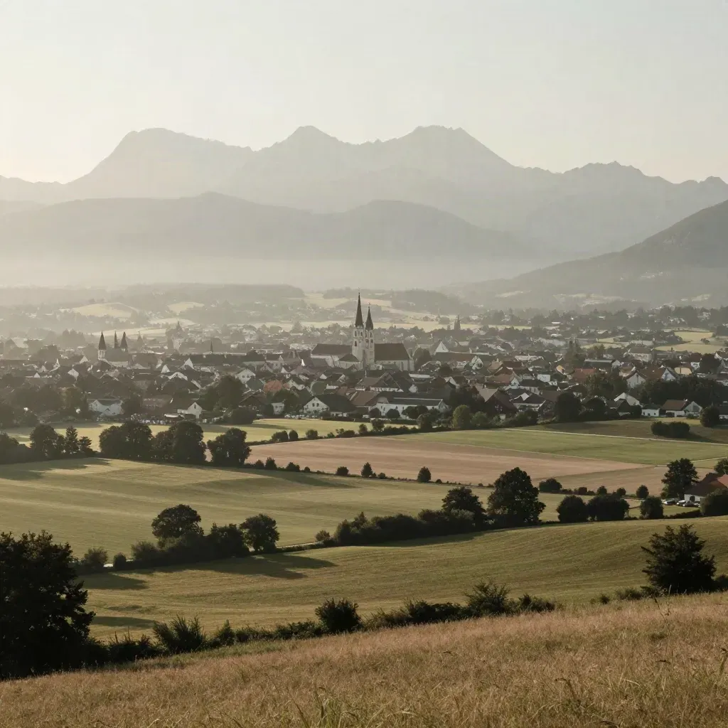 Sommerhaze über München und dem Alpenvorland mit fernen Kirchtürmen und stillen Wiesen