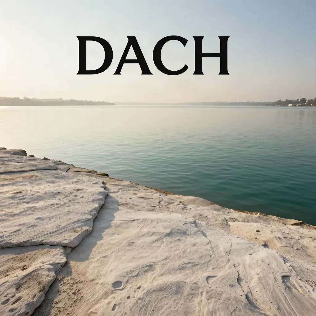 Heller Kalkufer am ruhigen See, ferne Stadtkante im Morgennebel