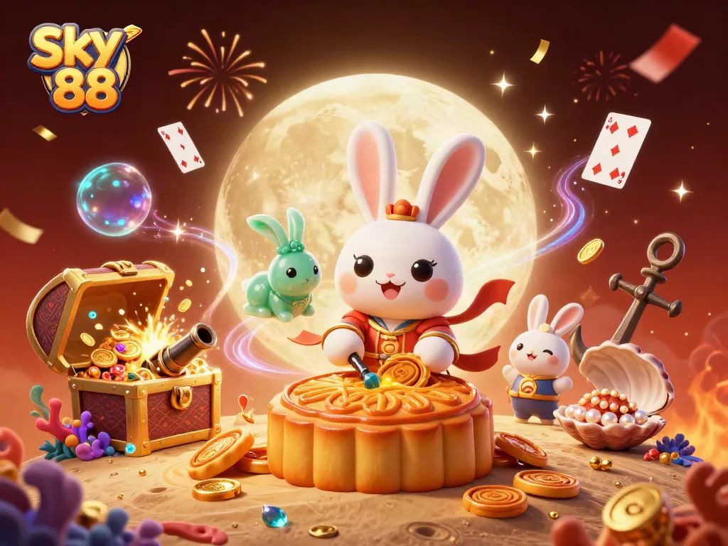 Sky 88 showcases a vibrant 3D casino scene with the moon rabbit and treasures, engaging bettors in excitement.