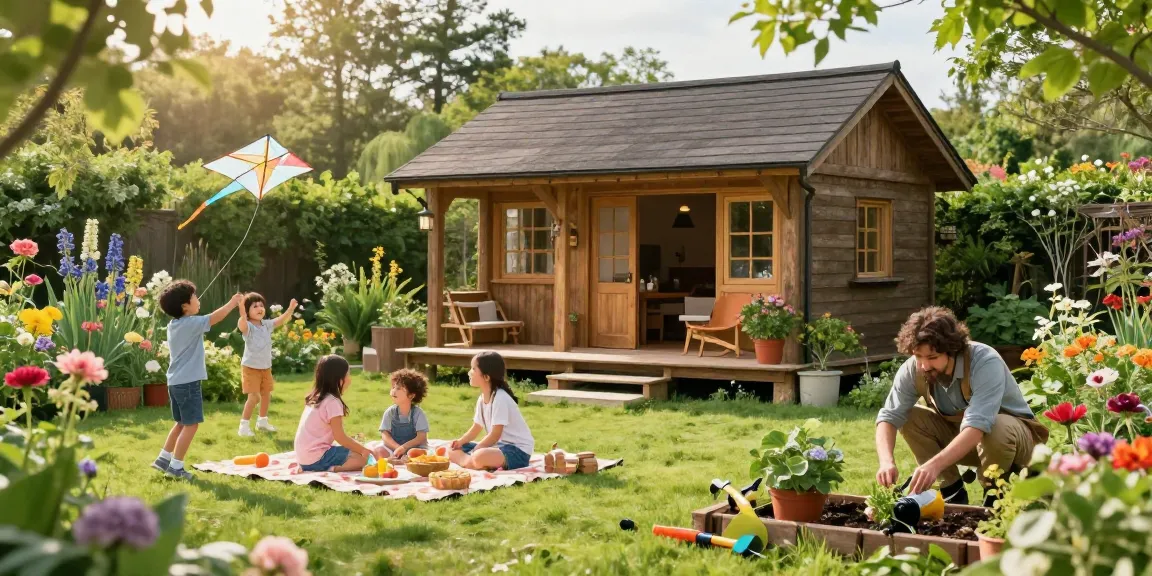 Garten Haus umgeben von bunten Blumen und lebendigem Grün, ideal für Entspannung und Familienzeit.