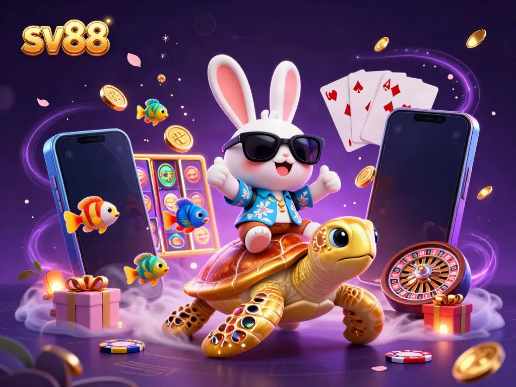 Engage with sv88 casino gaming through a vibrant 3D illustration of a lucky bunny and sea turtle amidst dynamic gaming elements.