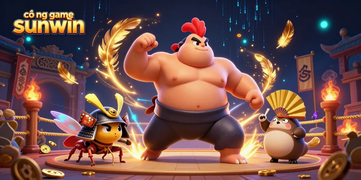 Experience the excitement of cổng game sunwin with a fierce sumo rooster and samurai cricket in action.