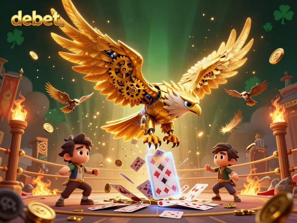 Experience the thrill of debet with a 3D golden eagle diving through holographic playing cards amidst a vibrant casino atmosphere.
