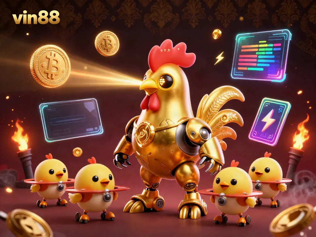 Experience the thrilling world of vin88 with a futuristic golden rooster robot and baby chick drones amidst glowing crypto elements.