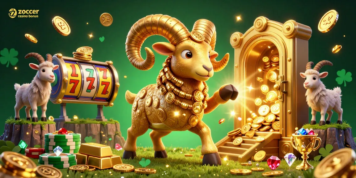 Zoccer casino bonus highlighted in an ultra-detailed 3D rendering featuring a golden ram charging through a treasure-filled environment.