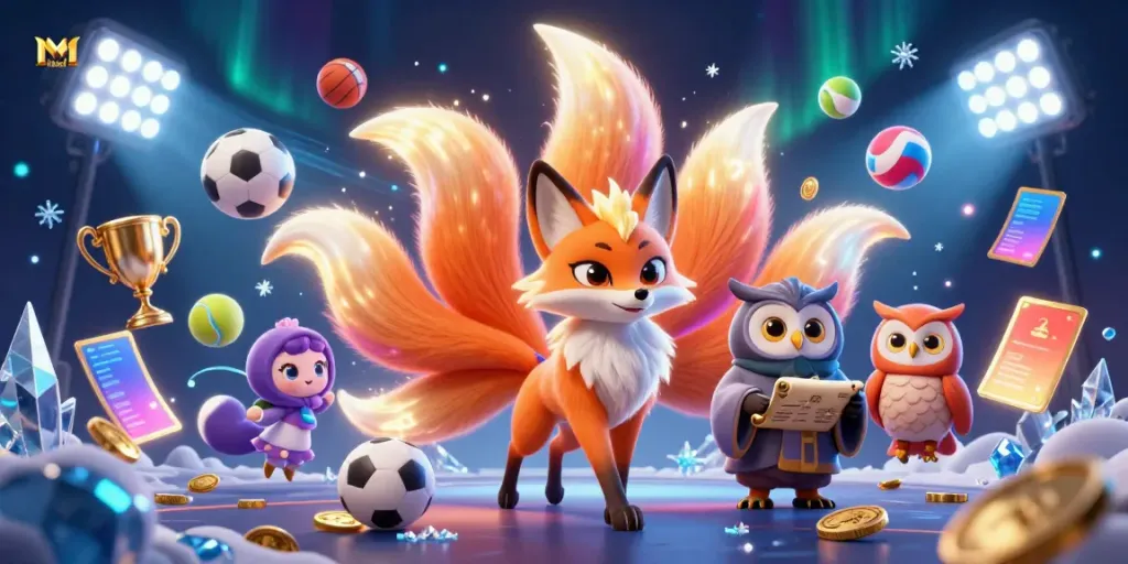 Mubet's thrilling nine-tailed fox spirit leads bettors to victory amid vibrant sports balls and rewards.