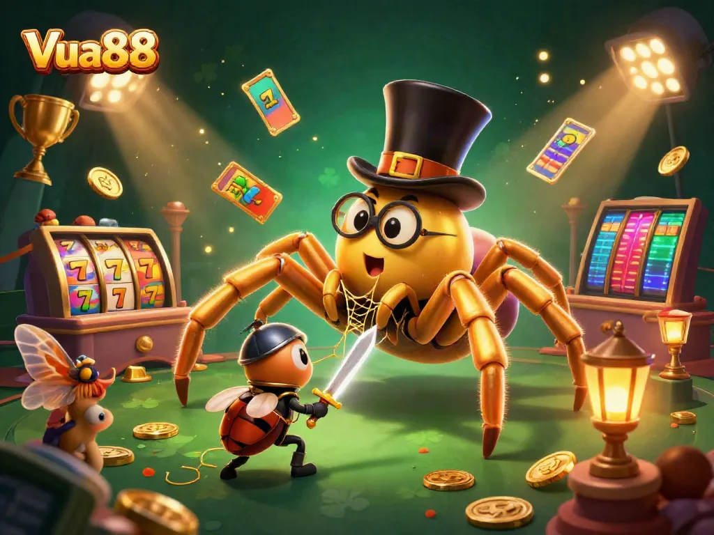 Experience the thrill of Vua88 with a vibrant 3D casino scene featuring a golden tarantula and beetle knight amidst jackpot symbols.