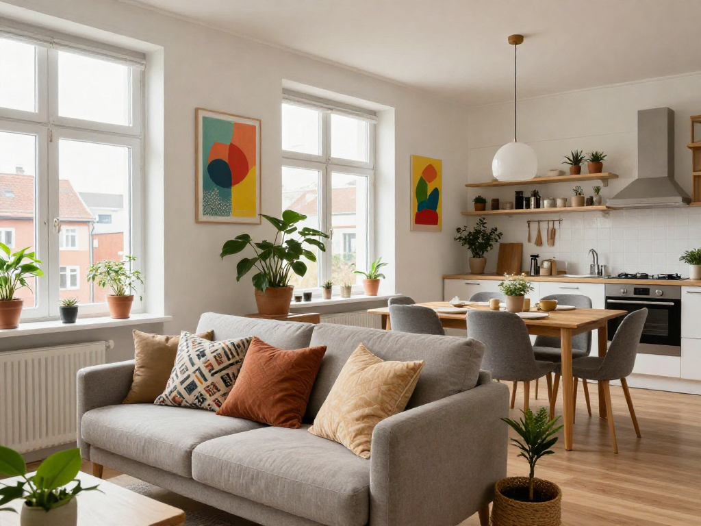 Moderne Monteurwohnung Hannover mit gemütlichem Wohnzimmer, hellem Licht und offener Küche.