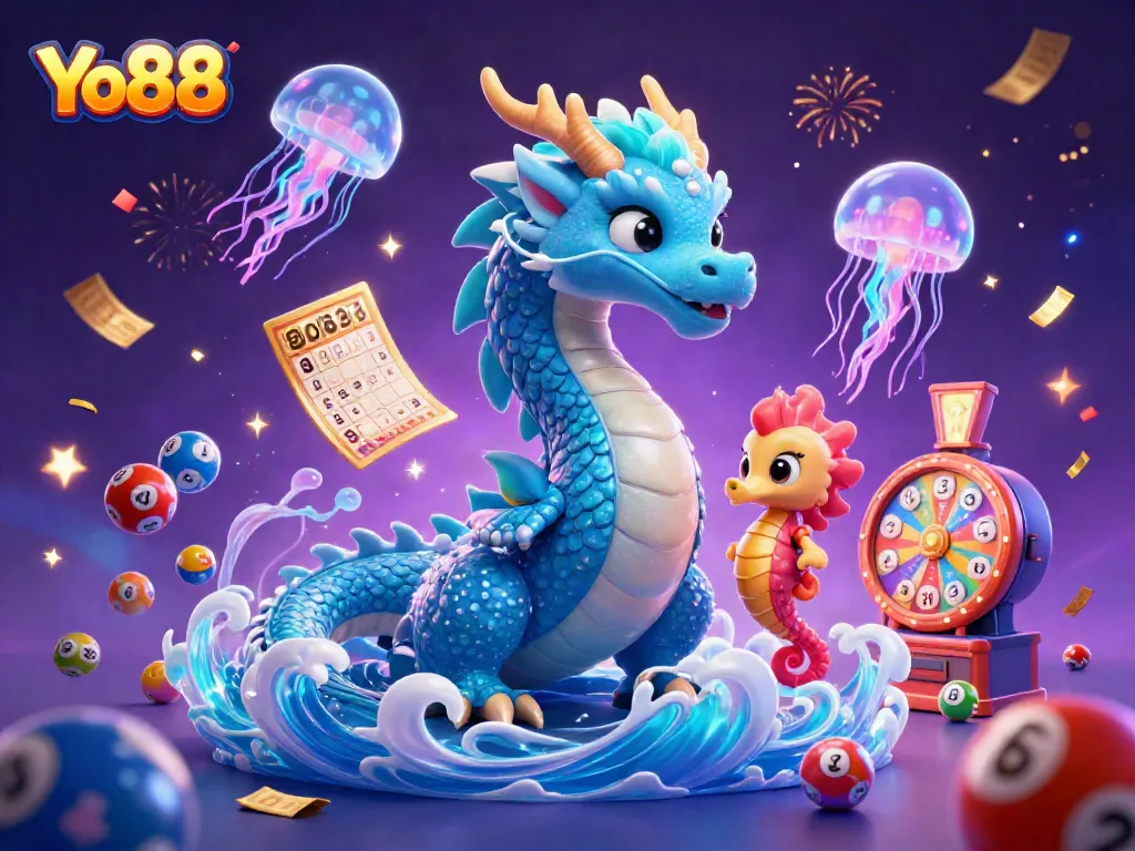 Engage with Yo88's vibrant 3D illustration, showcasing a dragon, seahorse knight, and jellyfish amidst dynamic gaming elements.