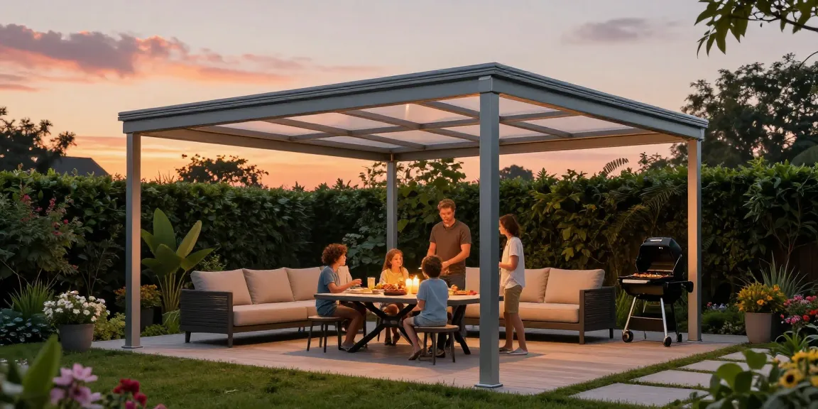 Moderne Terrassenüberdachung freistehend, die eine Familie beim Grillen im Garten schützt.